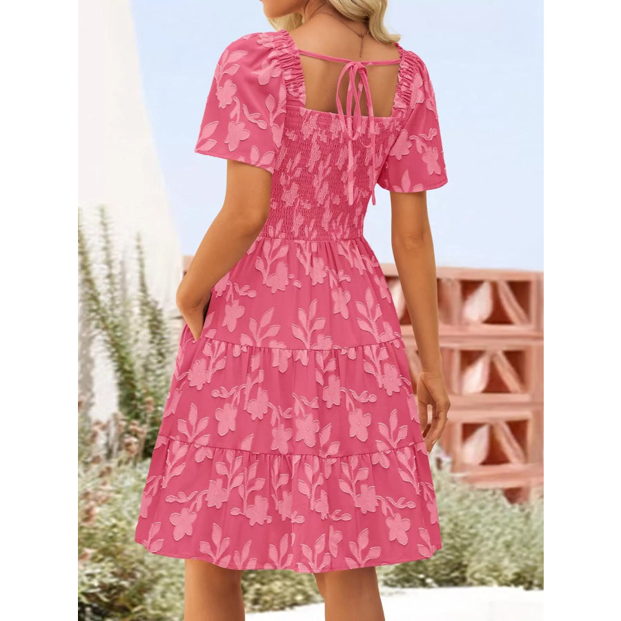 Smocked Square Neck Tiered Mini Dress Apparel and Accessories