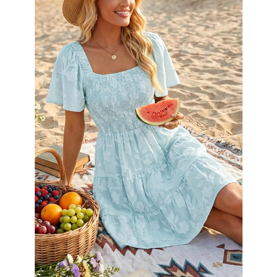 Smocked Square Neck Tiered Mini Dress Apparel and Accessories
