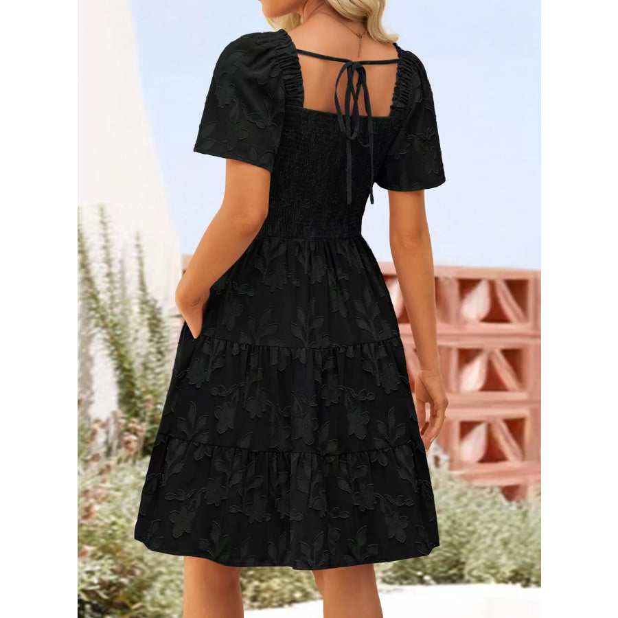 Smocked Square Neck Tiered Mini Dress Apparel and Accessories