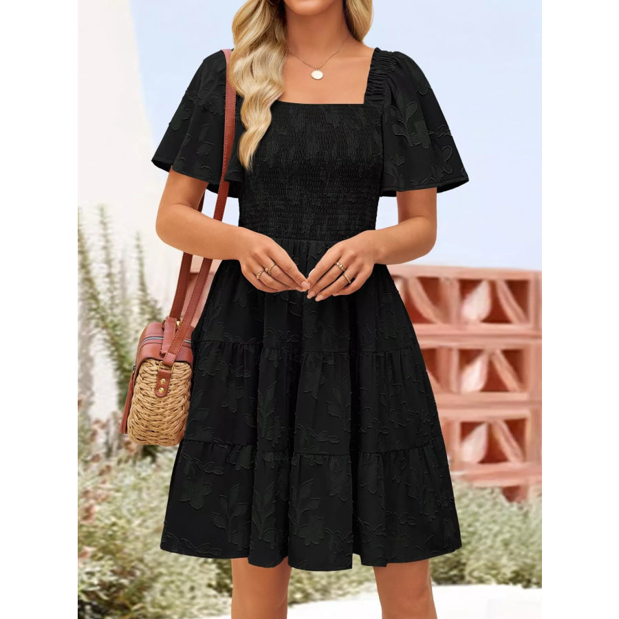 Smocked Square Neck Tiered Mini Dress Black / S Apparel and Accessories