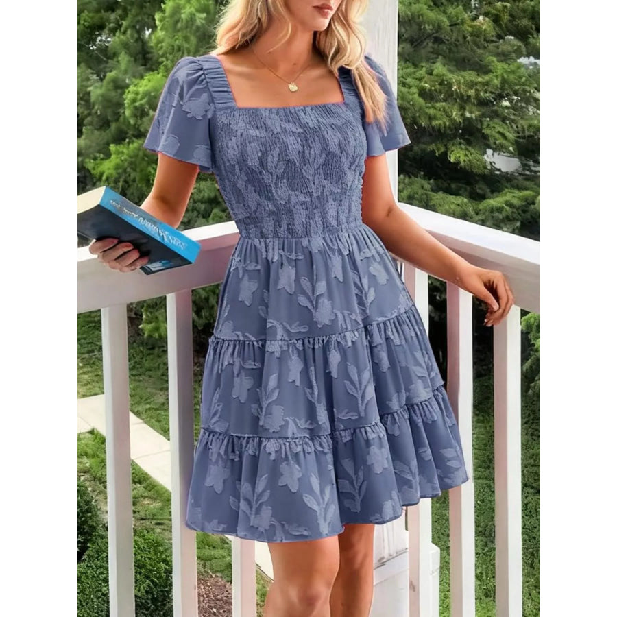 Smocked Square Neck Tiered Mini Dress Dusty Blue / S Apparel and Accessories