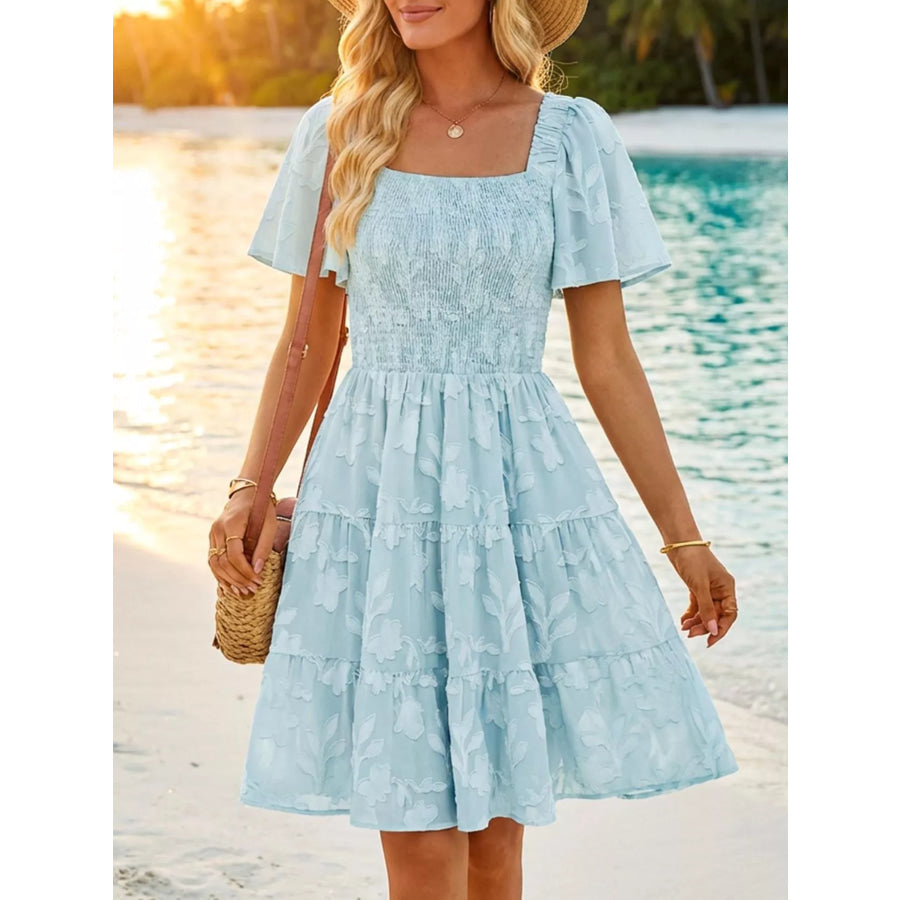Smocked Square Neck Tiered Mini Dress Light Blue / S Apparel and Accessories