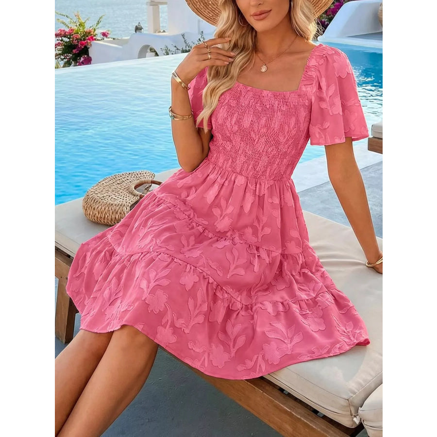 Smocked Square Neck Tiered Mini Dress Strawberry / S Apparel and Accessories