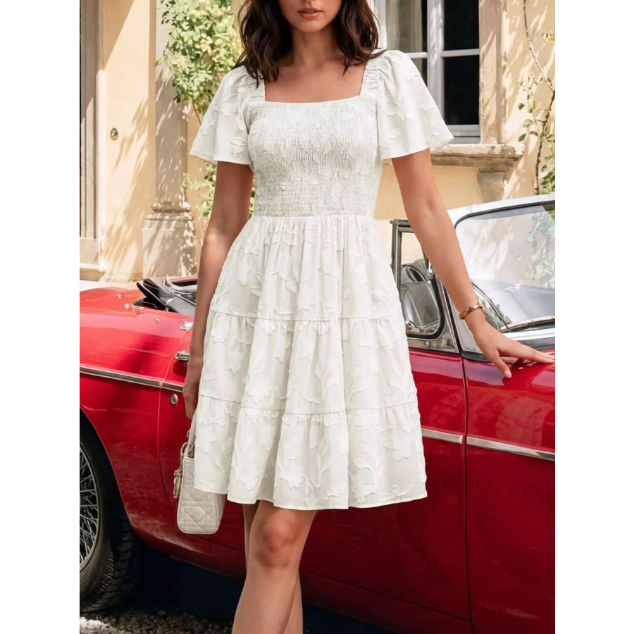 Smocked Square Neck Tiered Mini Dress White / S Apparel and Accessories