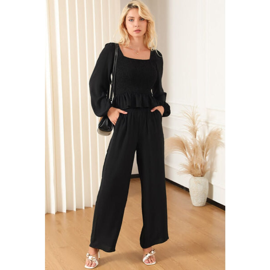 Smocked Square Neck Top and Pants Set Black / S Apparel and Accessories