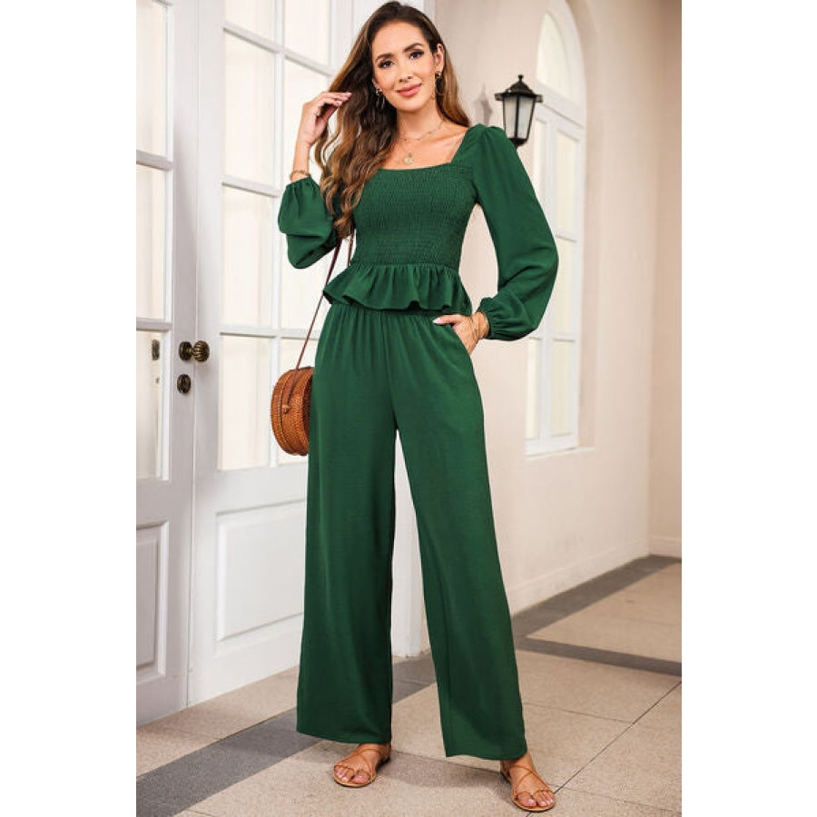 Smocked Square Neck Top and Pants Set Mid Green / S Apparel and Accessories