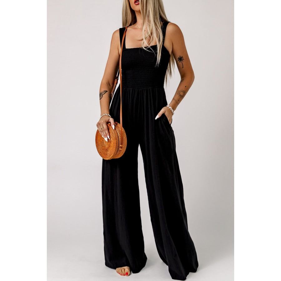 Smocked Square Neck Wide Leg Jumpsuit with Pockets Black / S