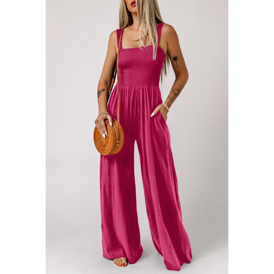 Smocked Square Neck Wide Leg Jumpsuit with Pockets Deep Rose / M