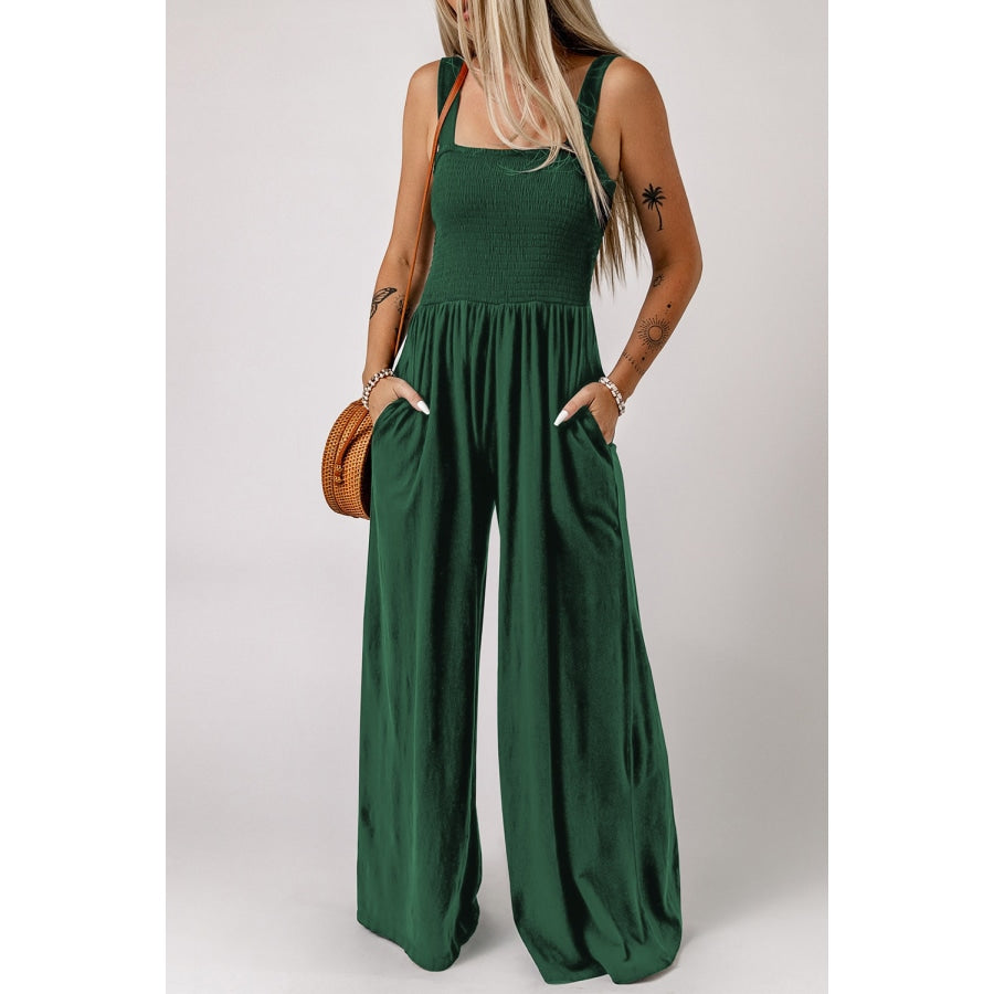 Smocked Square Neck Wide Leg Jumpsuit with Pockets Green / L