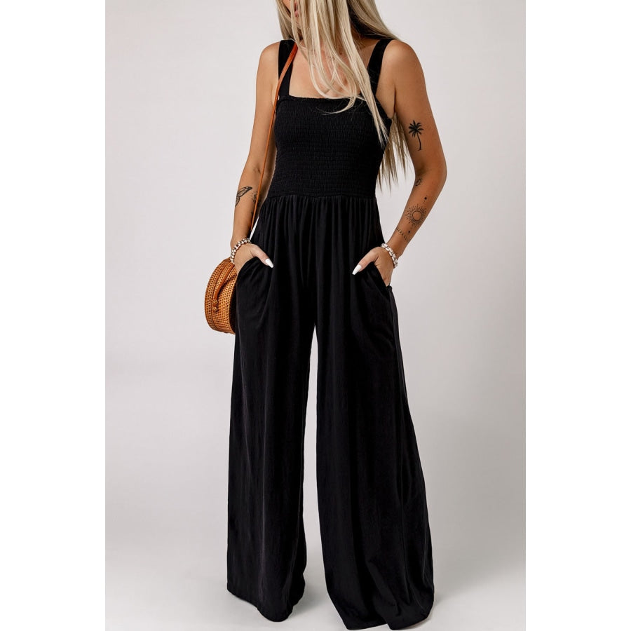 Smocked Square Neck Wide Leg Jumpsuit with Pockets