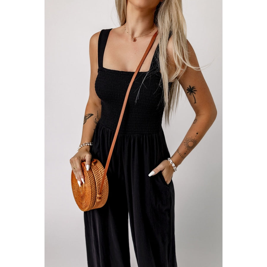 Smocked Square Neck Wide Leg Jumpsuit with Pockets