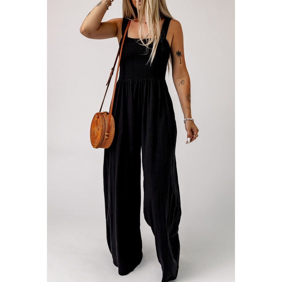 Smocked Square Neck Wide Leg Jumpsuit with Pockets