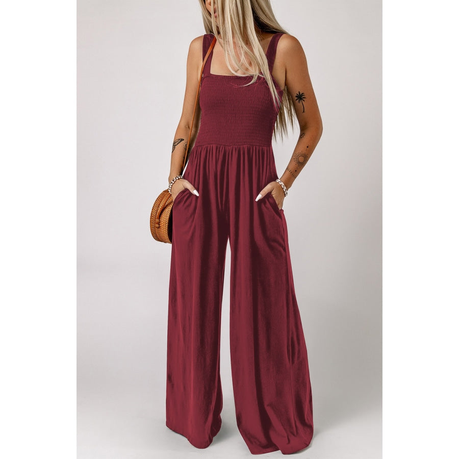 Smocked Square Neck Wide Leg Jumpsuit with Pockets Wine / S