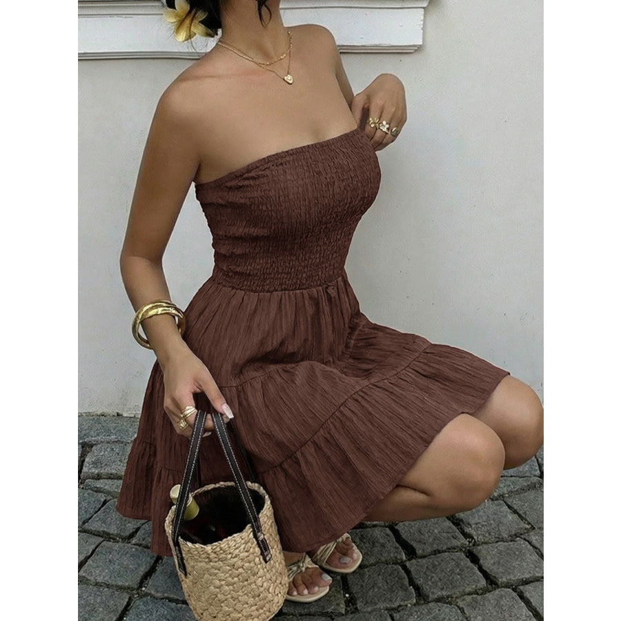 Smocked Strapless Tiered Ruffle Mini Dress Apparel and Accessories