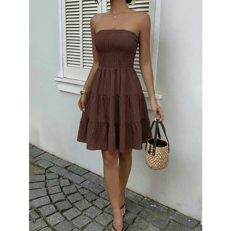 Smocked Strapless Tiered Ruffle Mini Dress Apparel and Accessories