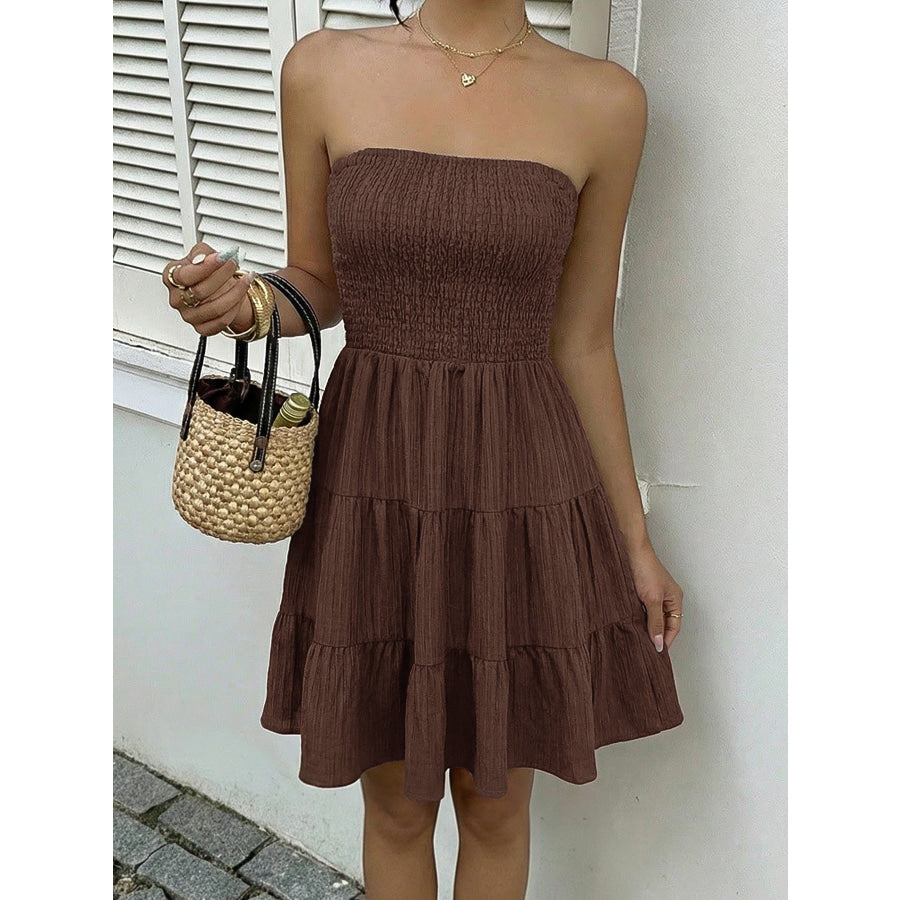 Smocked Strapless Tiered Ruffle Mini Dress Brown / S Apparel and Accessories