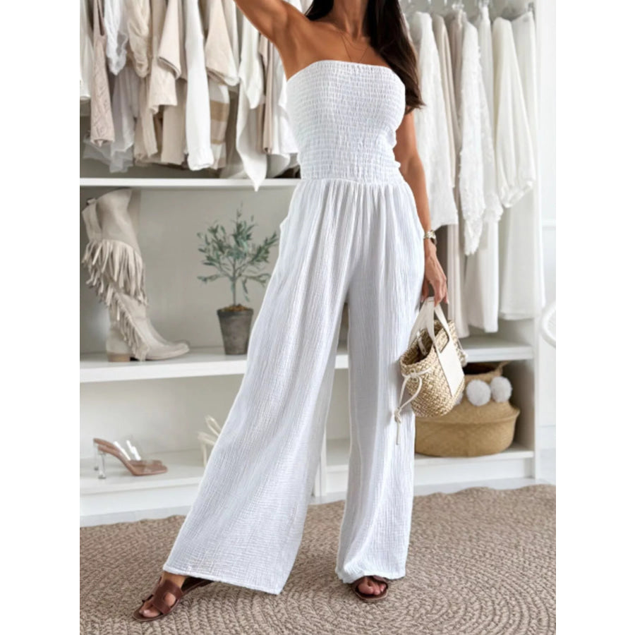 Smocked Strapless Wide-Leg Jumpsuit Apparel and Accessories