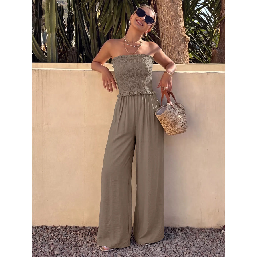 Smocked Strapless Wide Leg Jumpsuit Apparel and Accessories