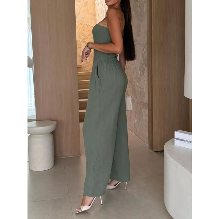 Smocked Strapless Wide-Leg Jumpsuit Apparel and Accessories