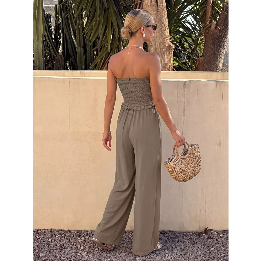 Smocked Strapless Wide Leg Jumpsuit Apparel and Accessories