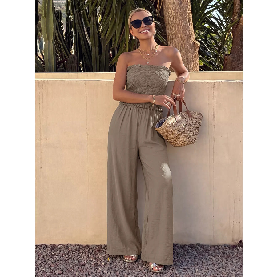 Smocked Strapless Wide Leg Jumpsuit Apparel and Accessories