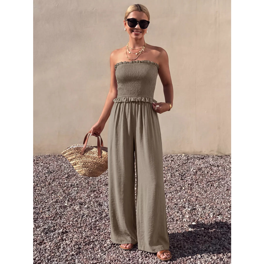 Smocked Strapless Wide Leg Jumpsuit Apparel and Accessories