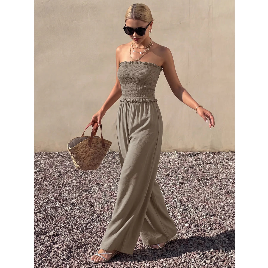 Smocked Strapless Wide Leg Jumpsuit Apparel and Accessories