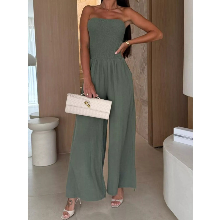 Smocked Strapless Wide-Leg Jumpsuit Army Green / S Apparel and Accessories