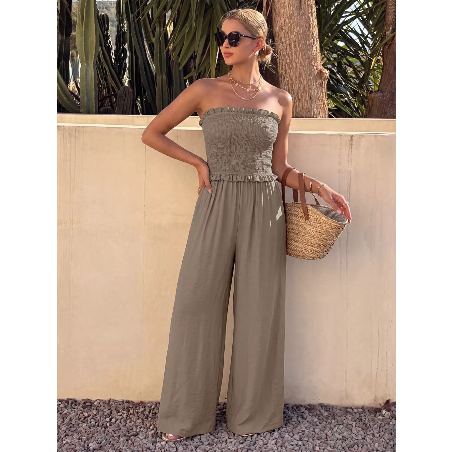 Smocked Strapless Wide Leg Jumpsuit Brown / S Apparel and Accessories