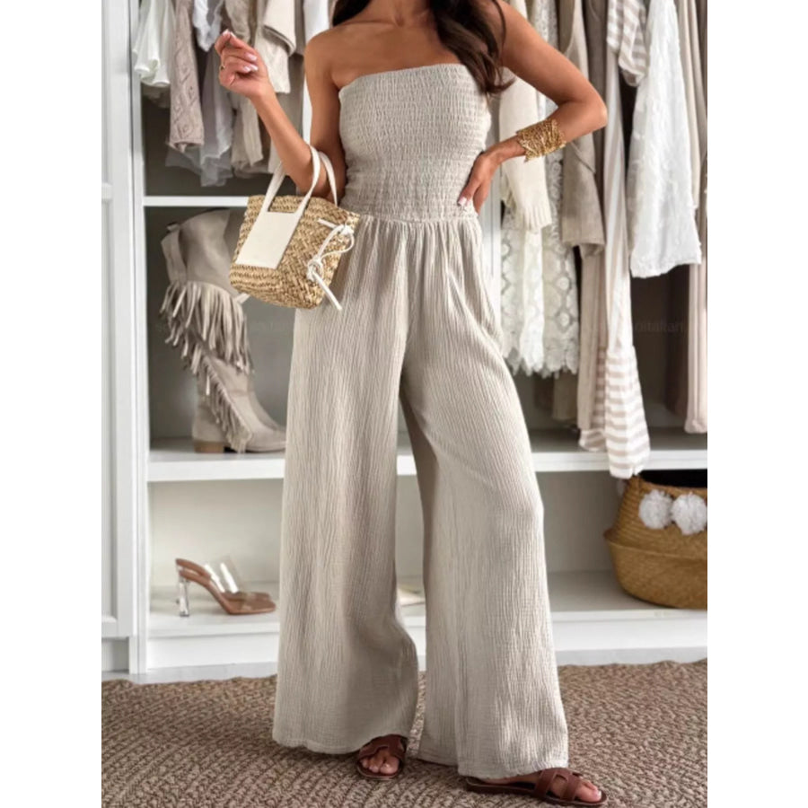 Smocked Strapless Wide-Leg Jumpsuit Khaki / S Apparel and Accessories