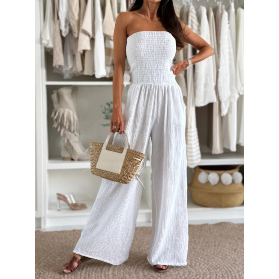 Smocked Strapless Wide-Leg Jumpsuit White / S Apparel and Accessories
