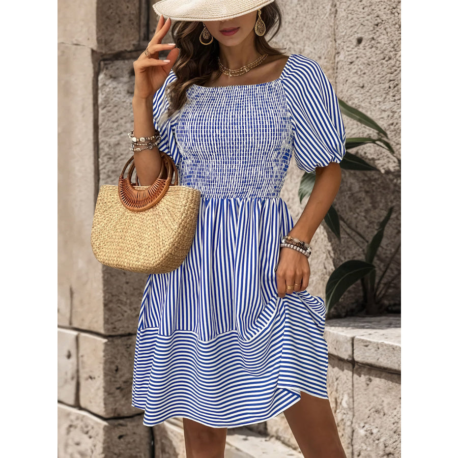 Smocked Striped Balloon Sleeve Mini Dress Ultra marine / S Apparel and Accessories