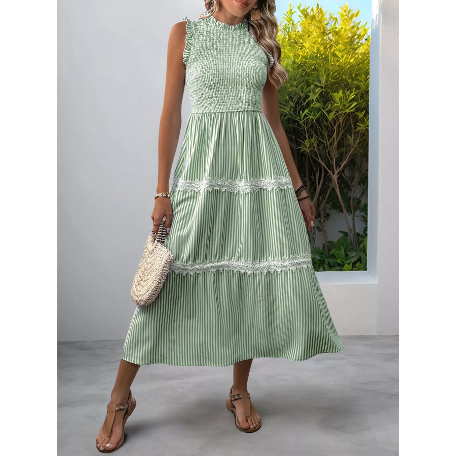 Smocked Striped Lace Trim Sleeveless Midi Dress Apparel and Accessories