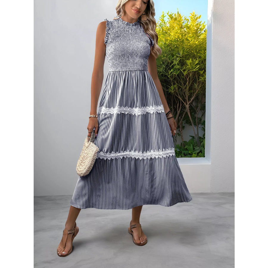 Smocked Striped Lace Trim Sleeveless Midi Dress Apparel and Accessories