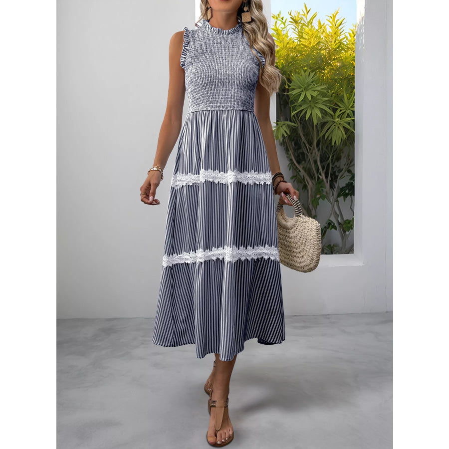 Smocked Striped Lace Trim Sleeveless Midi Dress Apparel and Accessories