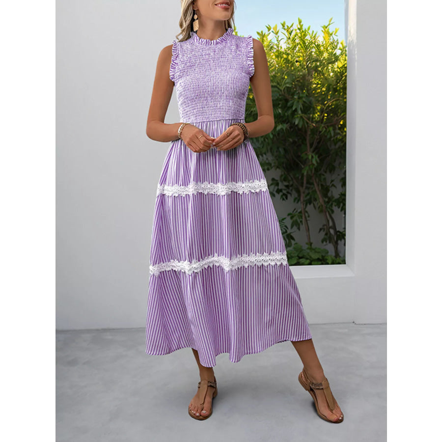 Smocked Striped Lace Trim Sleeveless Midi Dress Apparel and Accessories
