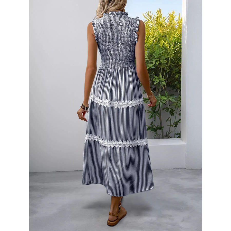 Smocked Striped Lace Trim Sleeveless Midi Dress Apparel and Accessories