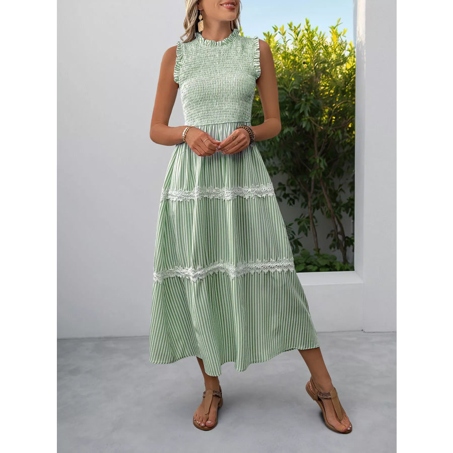 Smocked Striped Lace Trim Sleeveless Midi Dress Apparel and Accessories