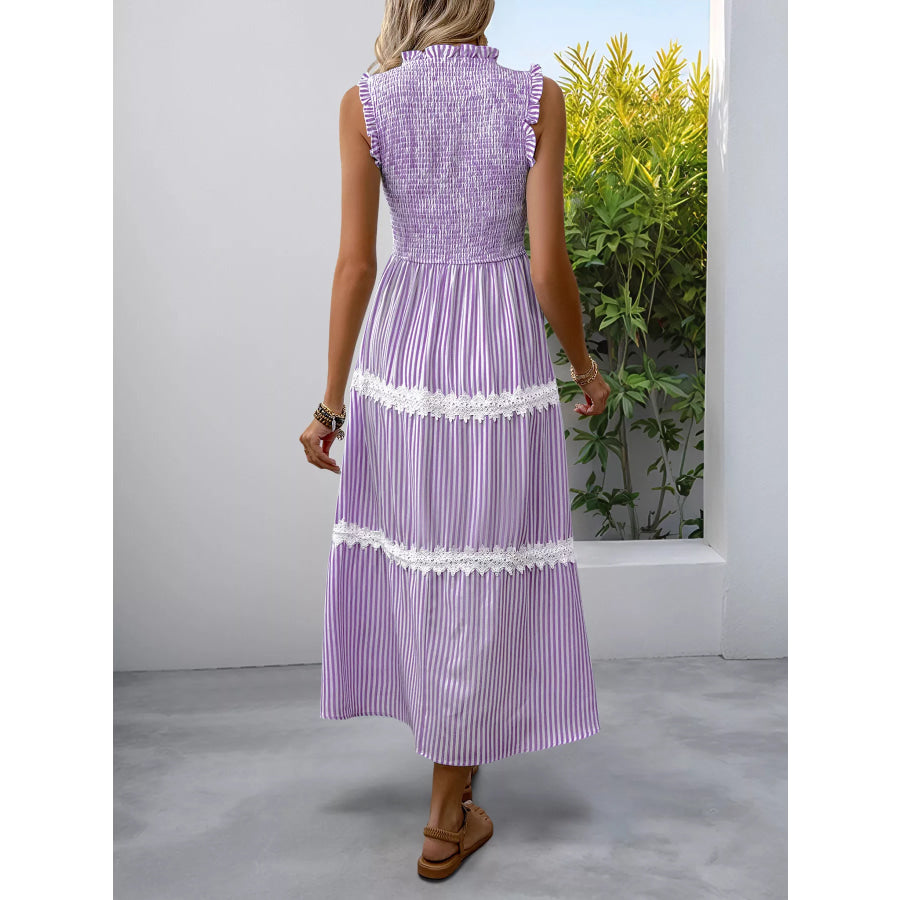 Smocked Striped Lace Trim Sleeveless Midi Dress Apparel and Accessories