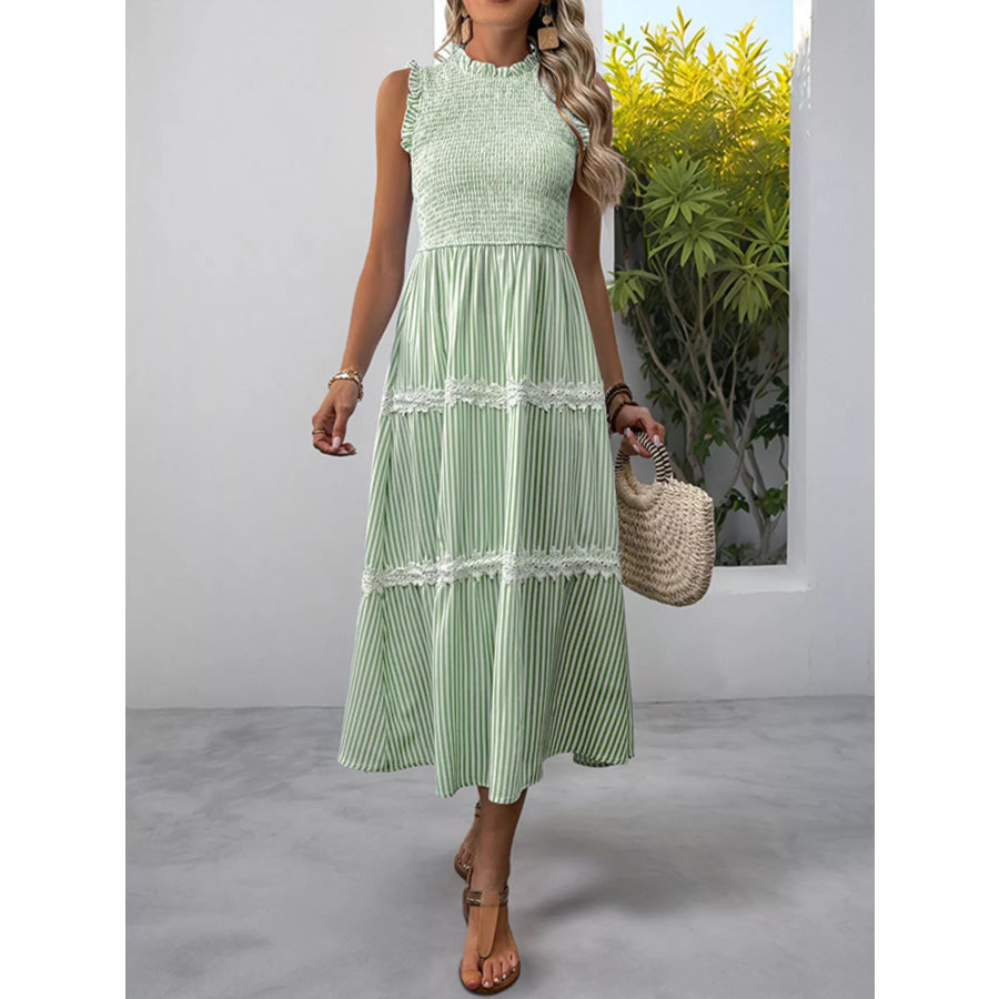 Smocked Striped Lace Trim Sleeveless Midi Dress Apparel and Accessories