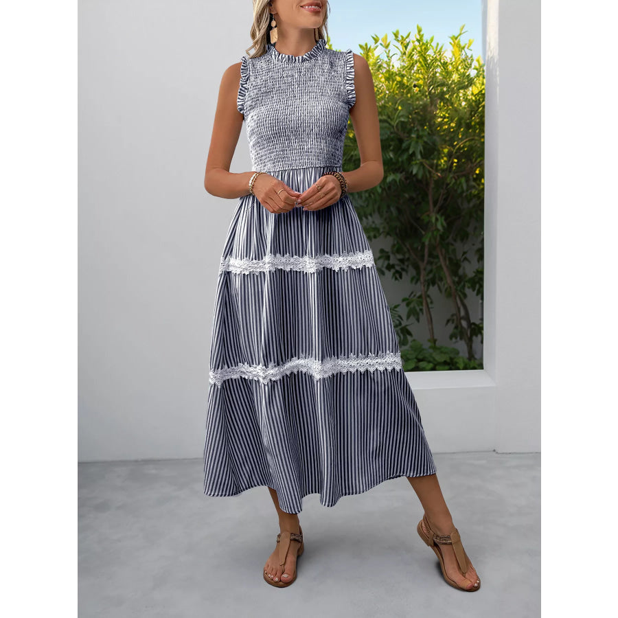 Smocked Striped Lace Trim Sleeveless Midi Dress Apparel and Accessories