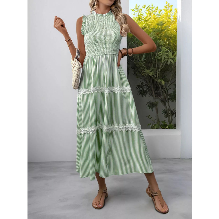 Smocked Striped Lace Trim Sleeveless Midi Dress Green / S Apparel and Accessories