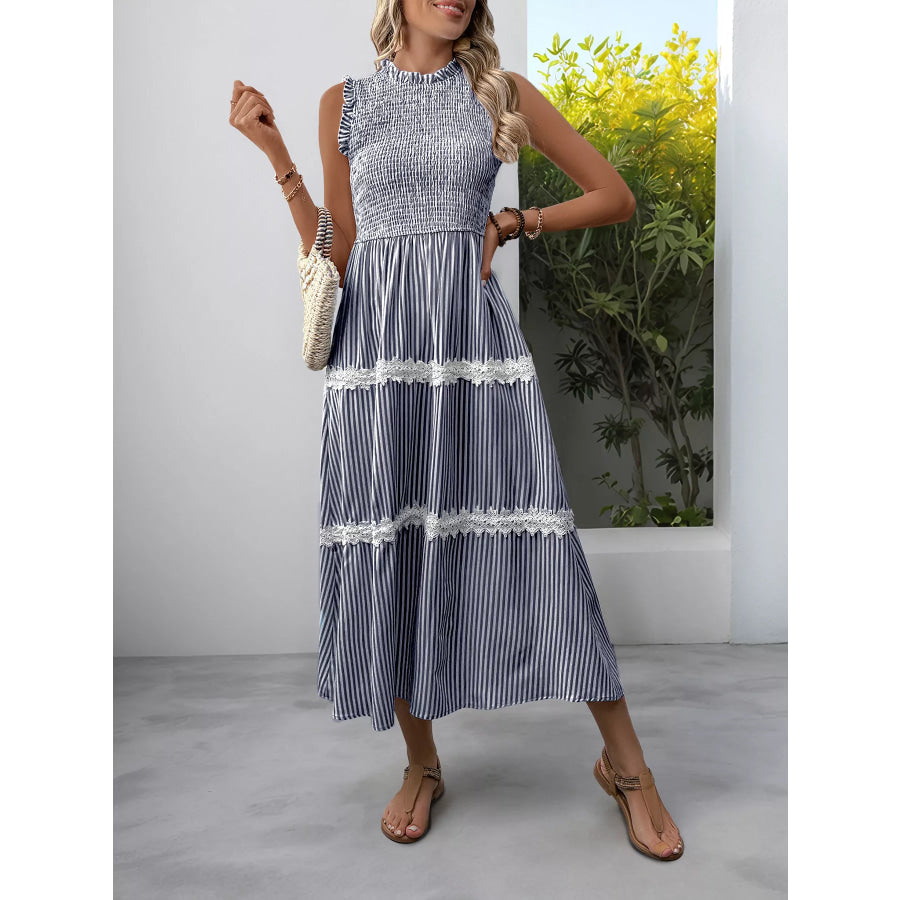 Smocked Striped Lace Trim Sleeveless Midi Dress Navy Blue / S Apparel and Accessories