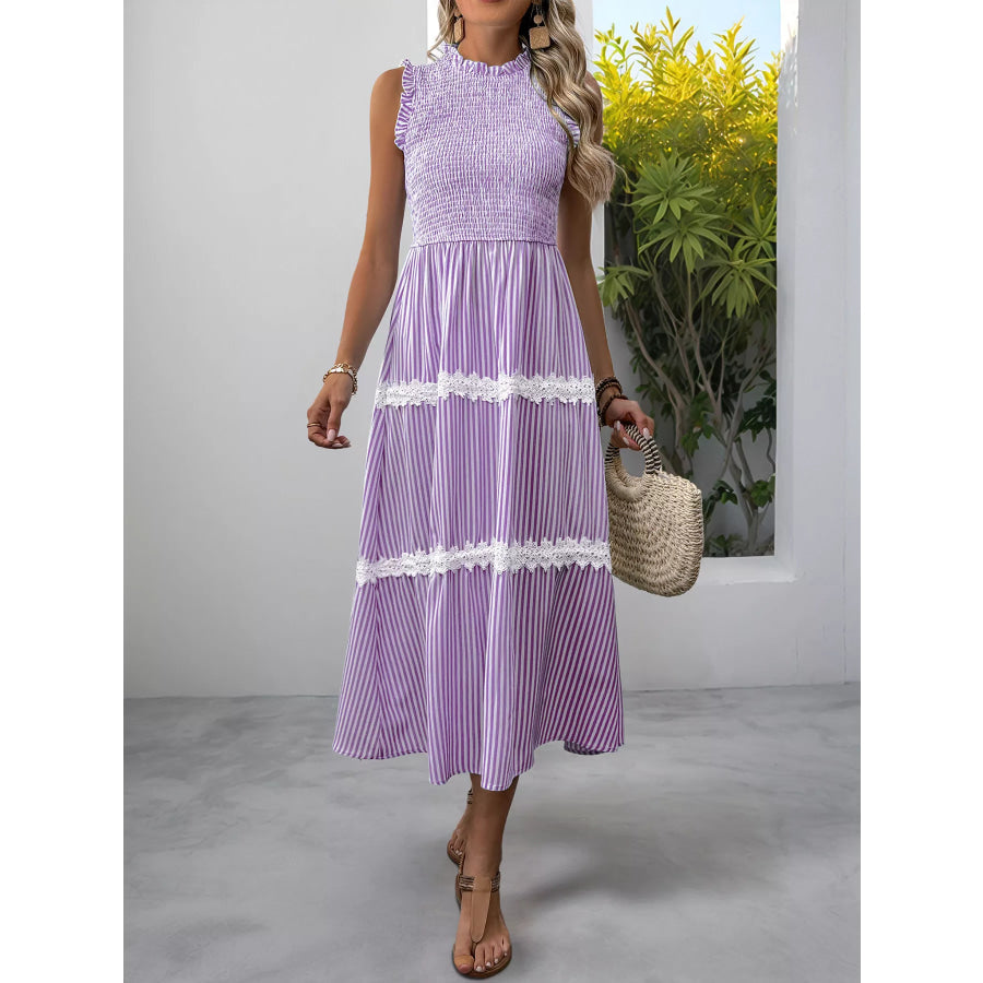 Smocked Striped Lace Trim Sleeveless Midi Dress Purple / S Apparel and Accessories