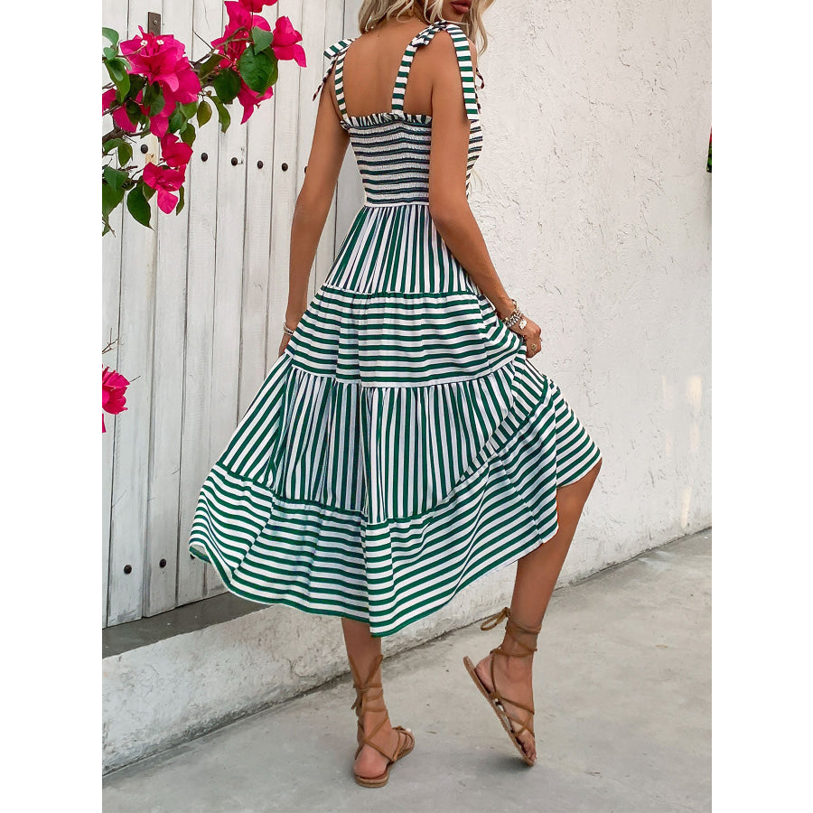 Smocked Striped Square Neck Midi Dress Apparel and Accessories