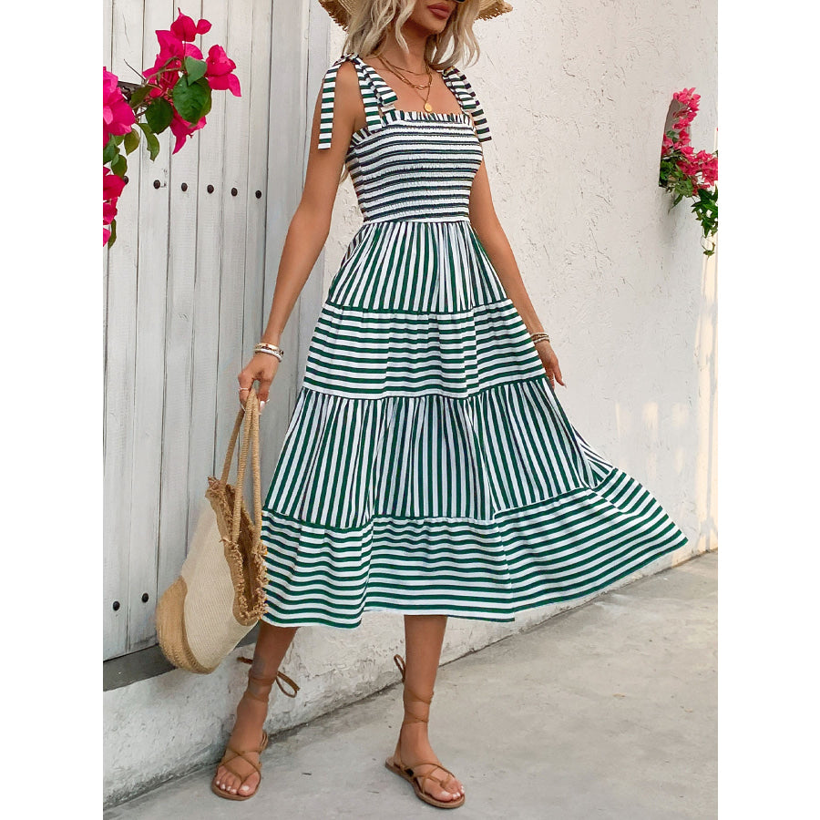 Smocked Striped Square Neck Midi Dress Apparel and Accessories