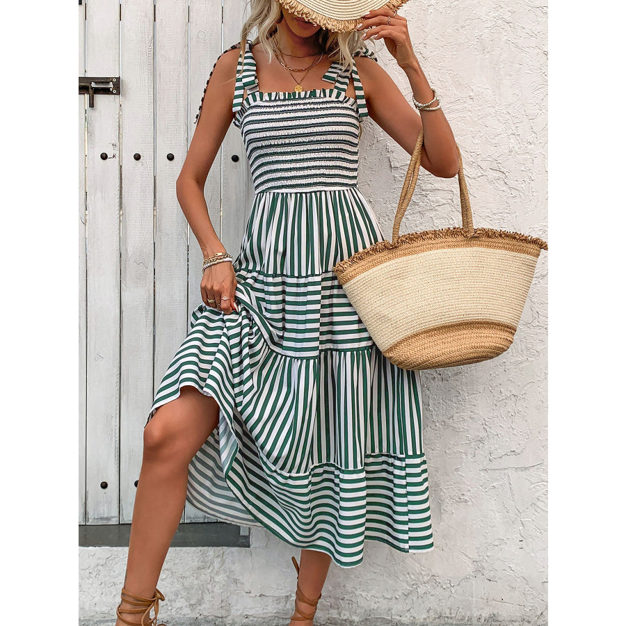 Smocked Striped Square Neck Midi Dress Dark Green / S Apparel and Accessories