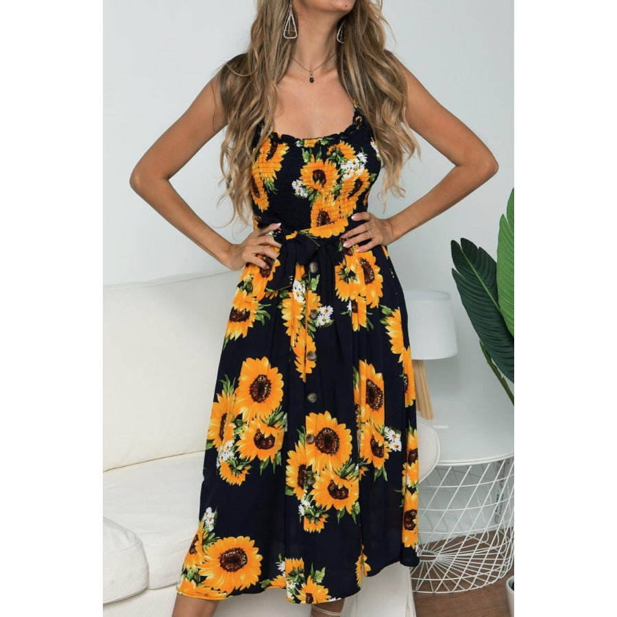 Smocked Sunflower Printed Sleeveless Cami Dress Apparel and Accessories