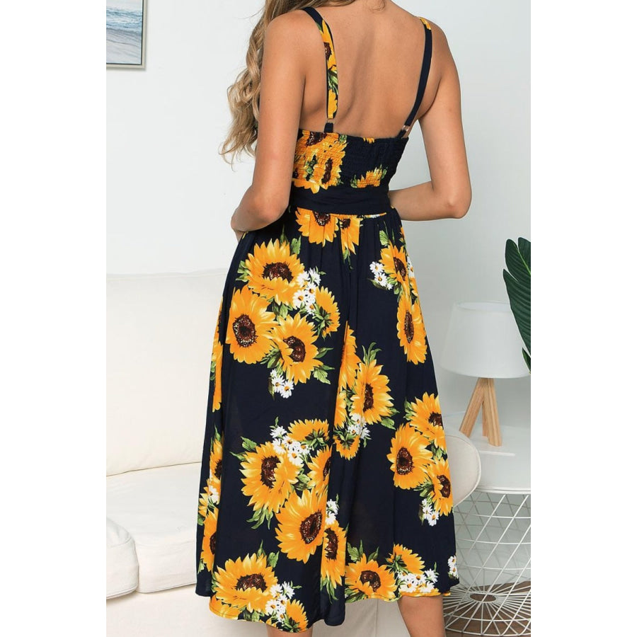 Smocked Sunflower Printed Sleeveless Cami Dress Apparel and Accessories