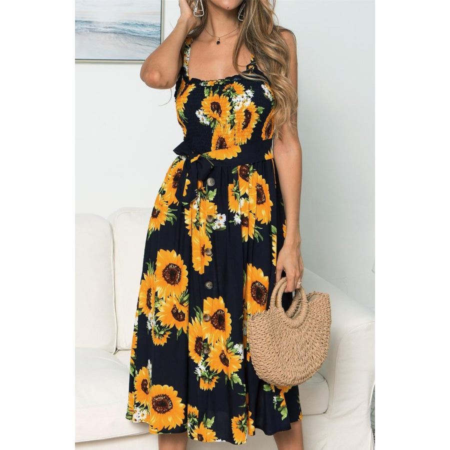 Smocked Sunflower Printed Sleeveless Cami Dress Apparel and Accessories